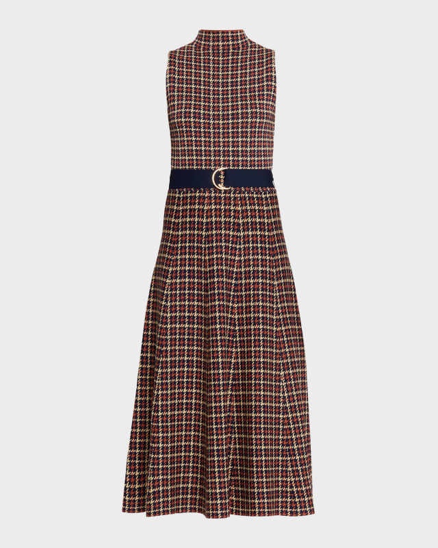 Brice Belted Plaid Knit Midi Dress